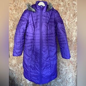 Tudor Court Women’s Purple Puffer Coat with Faux Fur Trim size small